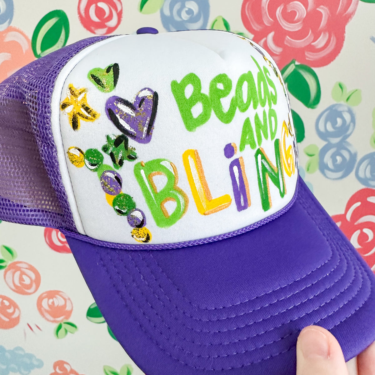 Mardi Gras Beads and Bling Hand Painted Trucker Hat – The 