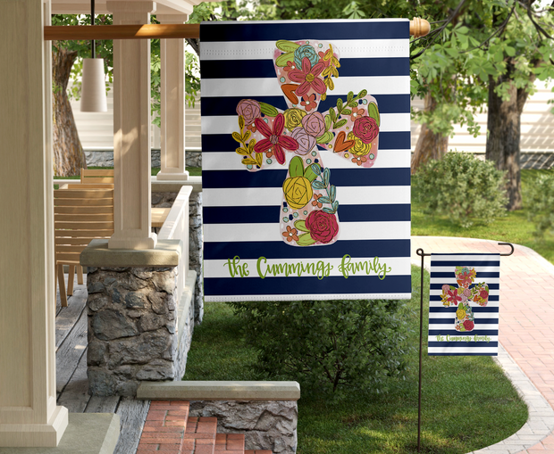 Floral Cross Personalized House Flag [new size]