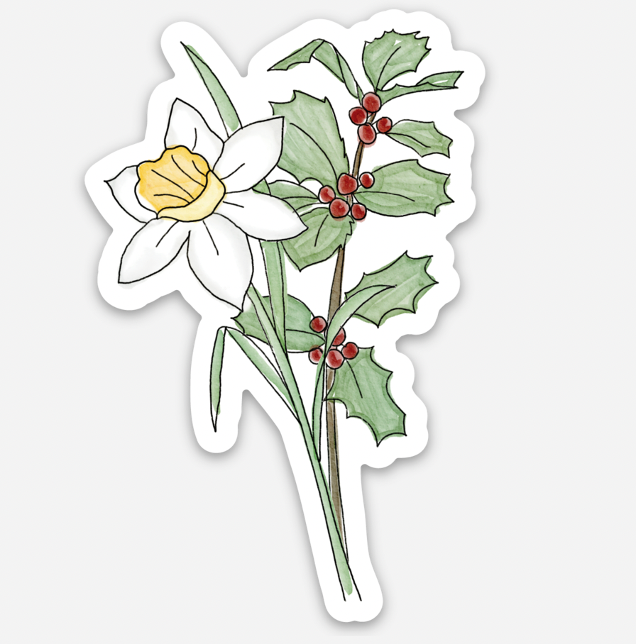 December Birth Flower Sticker: Narcissus and Holly – The Redheaded Camel