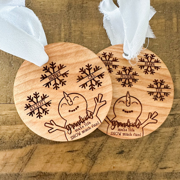 Personalized Grandkids Make Life Snow Fun Engraved Ornament
