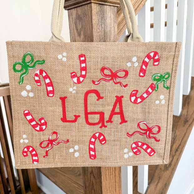 Candy Cane Monogrammed Jute Tote Bag