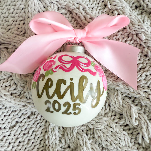 Hand Painted Floral Bow Porcelain Ornament