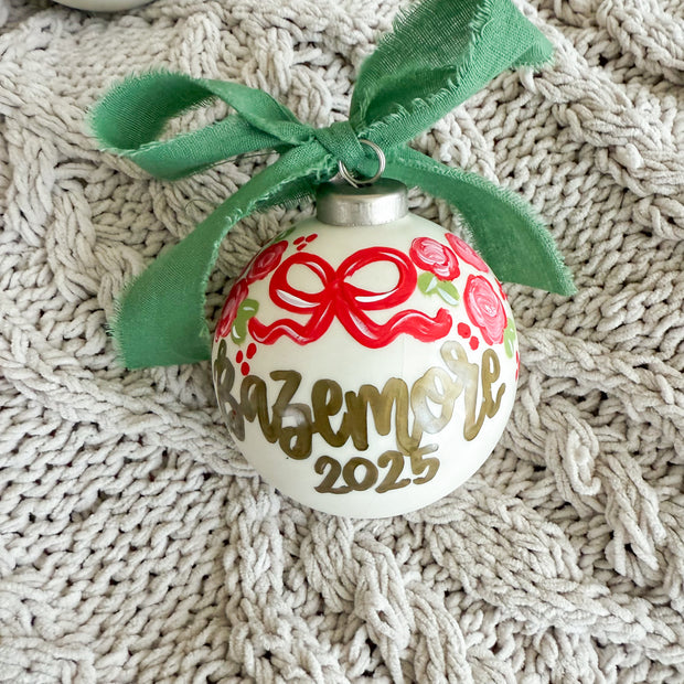 Hand Painted Family Red Bow Porcelain Ornament