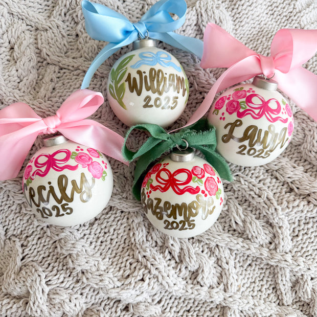 Hand Painted Family Red Bow Porcelain Ornament