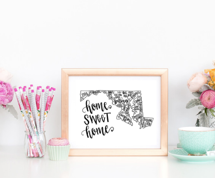 Maryland Home Sweet Home Hand Lettered 8 x 10 Printable